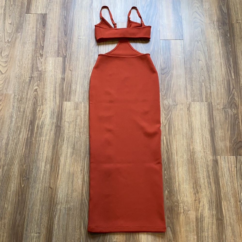 CUT OUT RUST AMBER MIDI DRESS XS - Picture 9 of 13